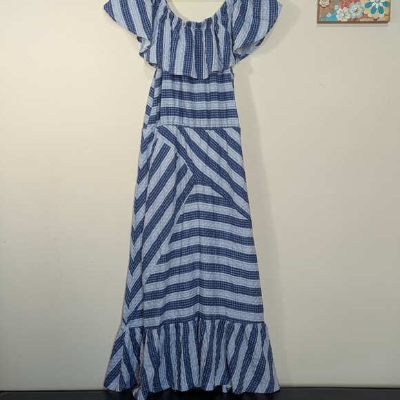 Umgee Dresses & Skirts - Umgee Blue White Striped Off Shoulder Maxi Dress Ruffle Hem Boho Size M